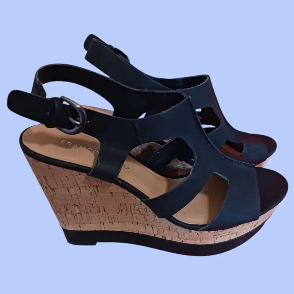 Franco Sarto Black Wedge Sandals Open Toe Cork Wedge Size 8M